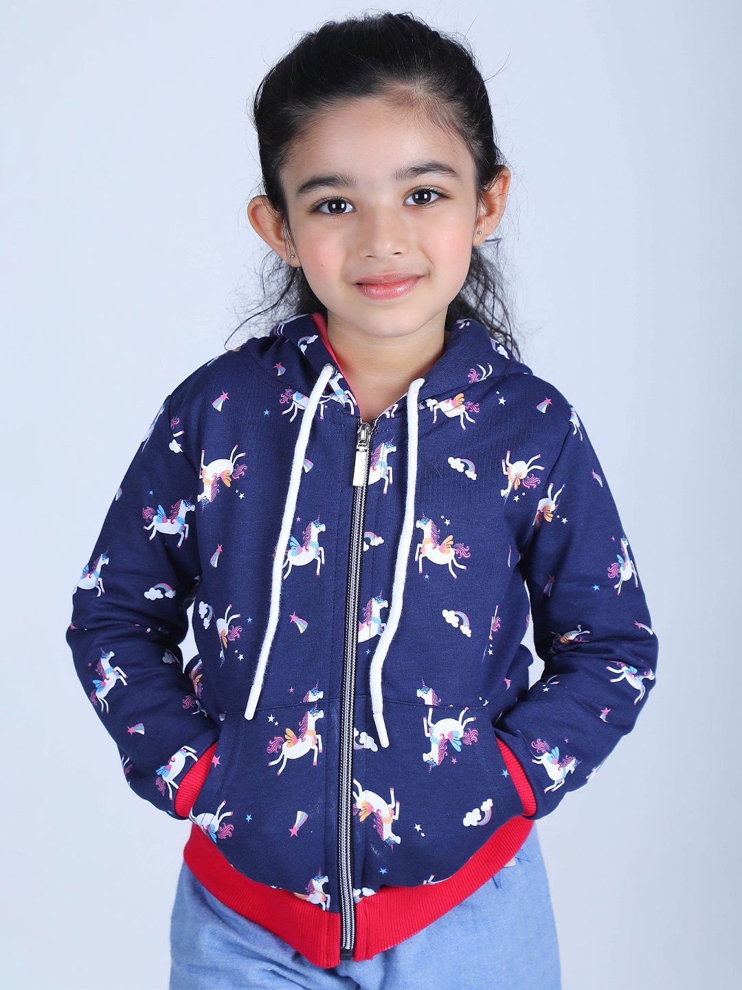 

3PIN Girls Navy Cotton Printed Hooded Sweatshirt, Navy blue