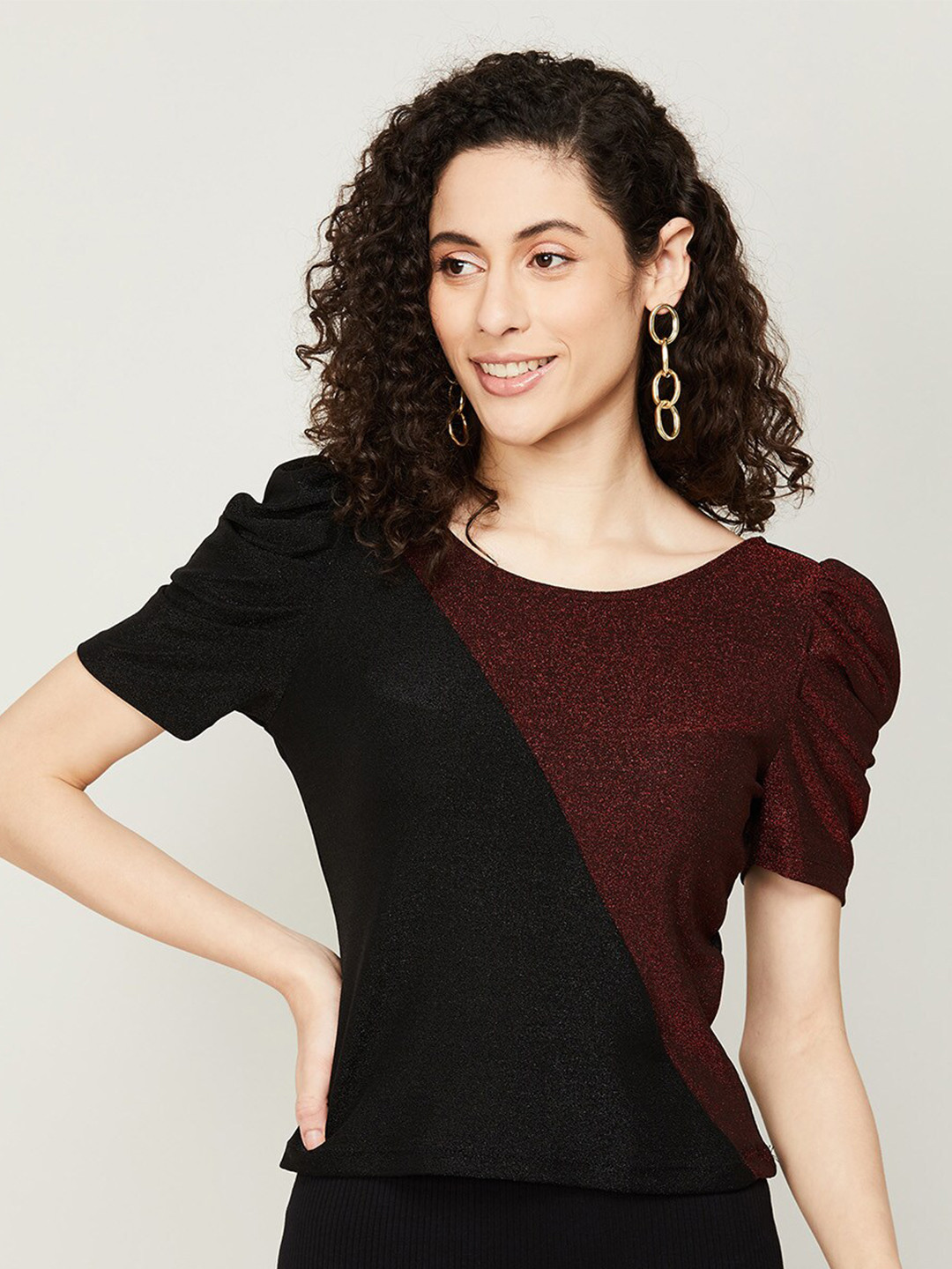 

CODE by Lifestyle Colourblocked Puff Sleeves Top, Black