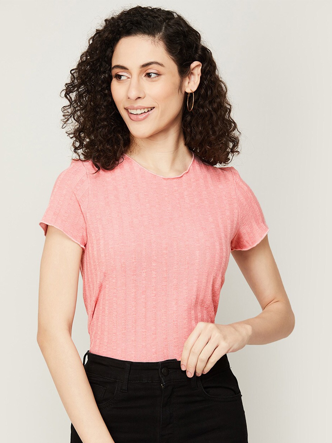 

Fame Forever by Lifestyle Striped Round Neck Short Sleeves Top, Pink