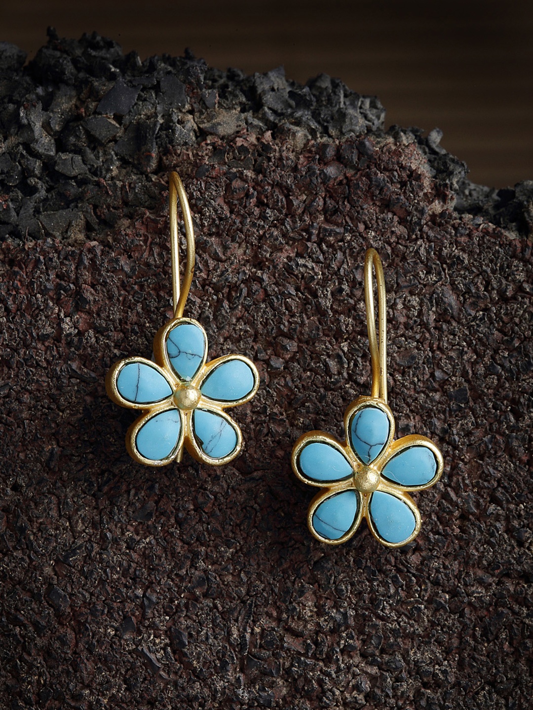 

PANASH Gold-Plated & Turquoise Blue Handcrafted Floral Drop Earrings