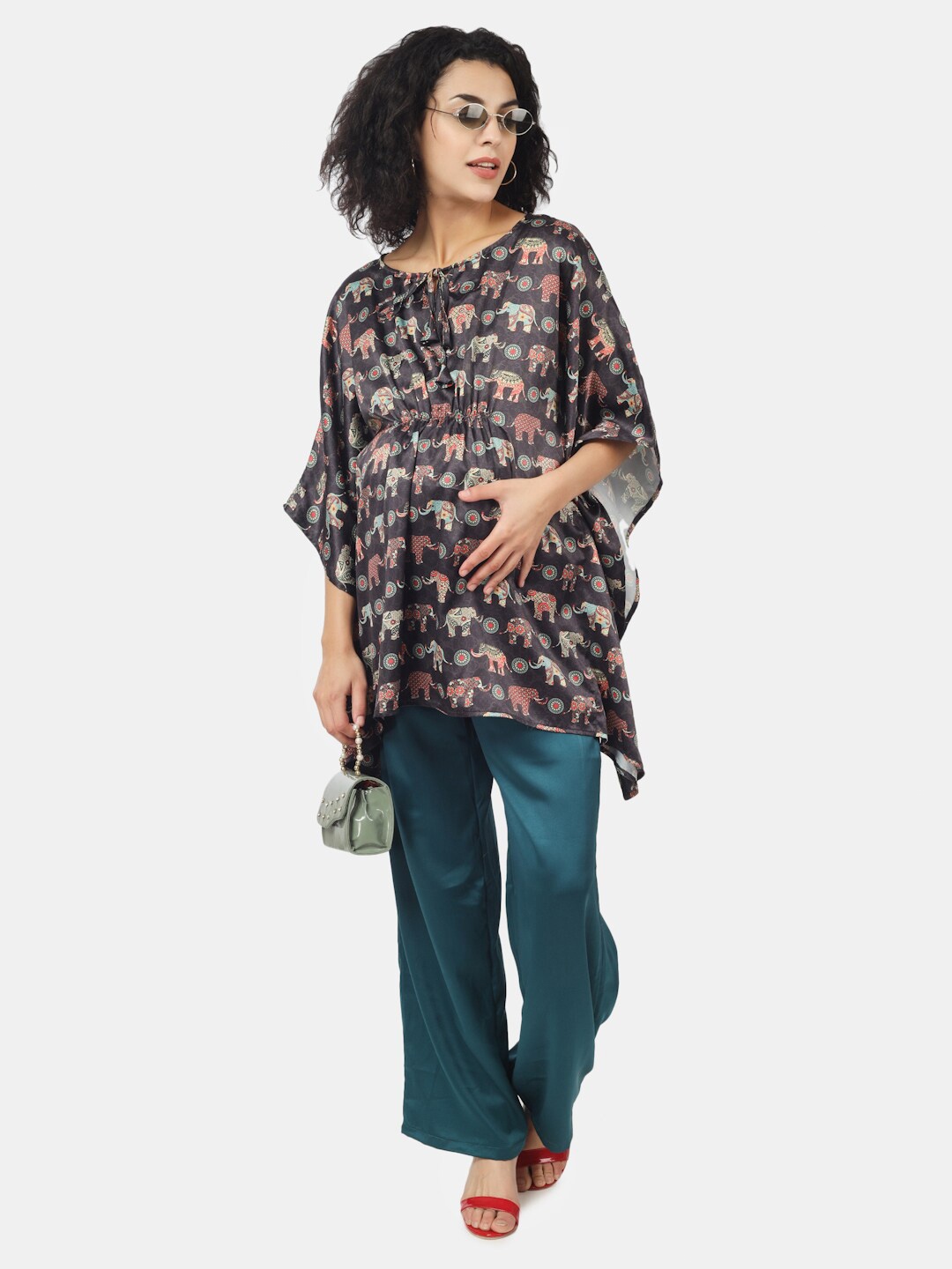 

angloindu Print Tie-Up Neck Kaftan Top, Black