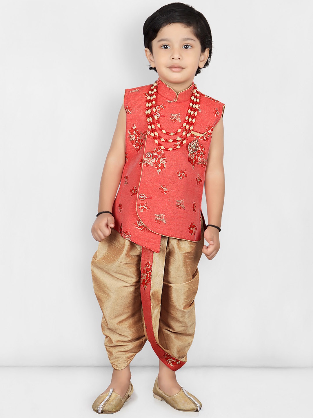 

KIDS FARM Floral Kurta Dhoti Set With a Mala, Red