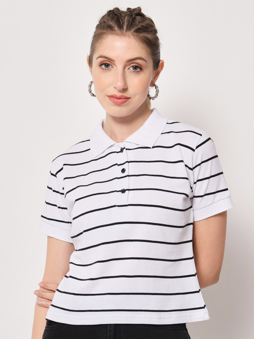 

THE EG STORE Women Striped Polo Collar Crop Cotton T-shirt, White