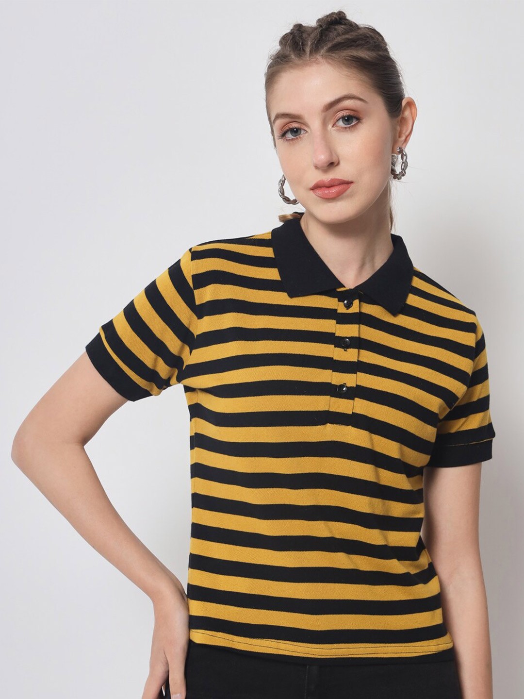

THE EG STORE Women Striped Polo Collar Crop T-shirt, Yellow