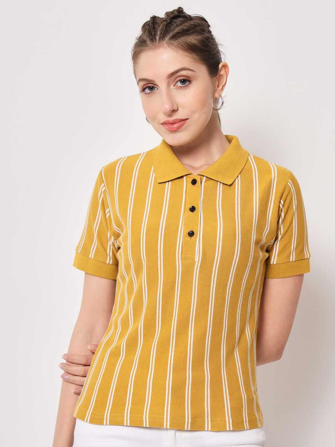 

THE EG STORE Women Striped Polo Collar Crop T-shirt, Yellow