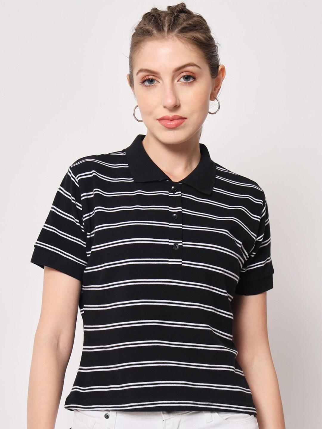 

THE EG STORE Women Striped Polo Collar Crop T-shirt, Black