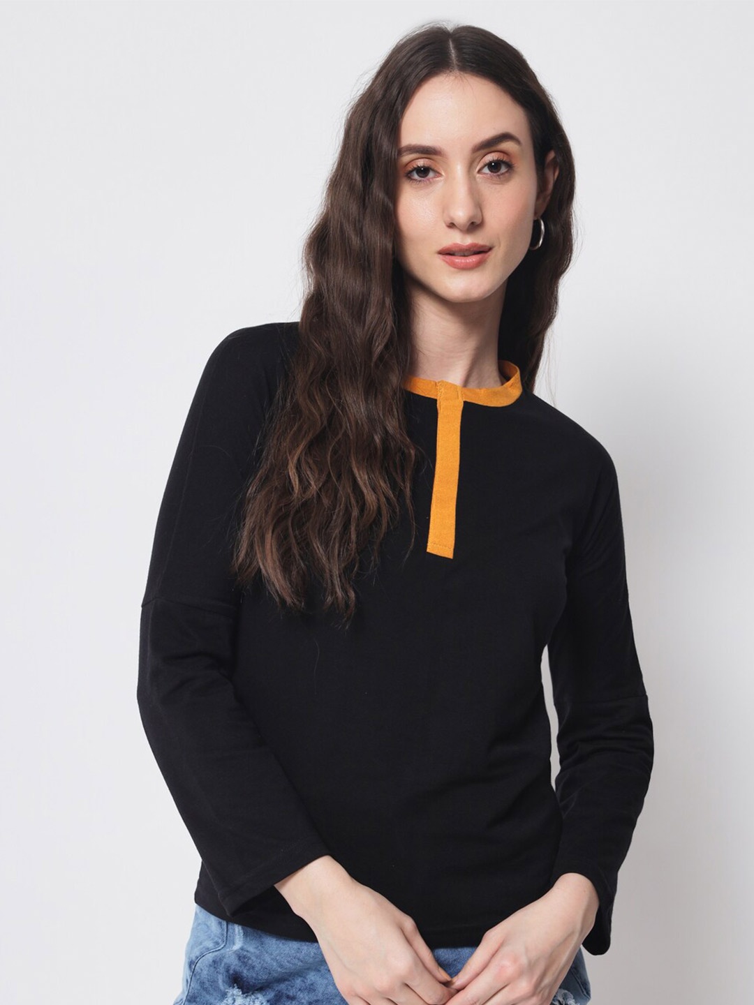 

THE EG STORE Women Henley Neck Slim Fit Cotton T-shirt, Black