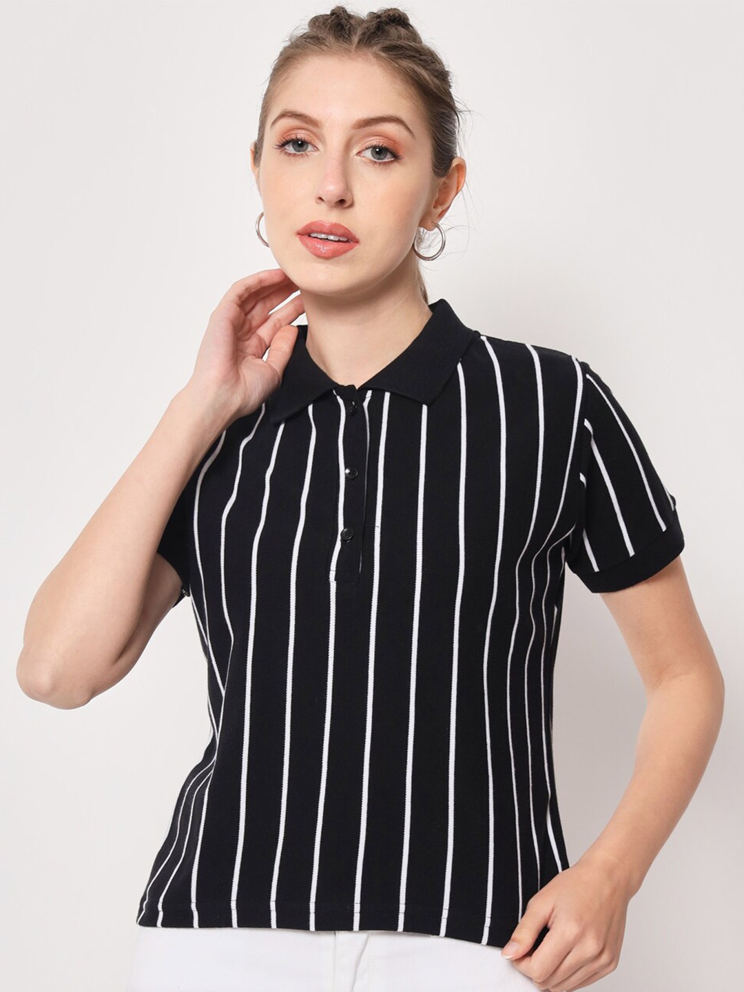 

THE EG STORE Women Striped Polo Collar Crop T-shirt, Black