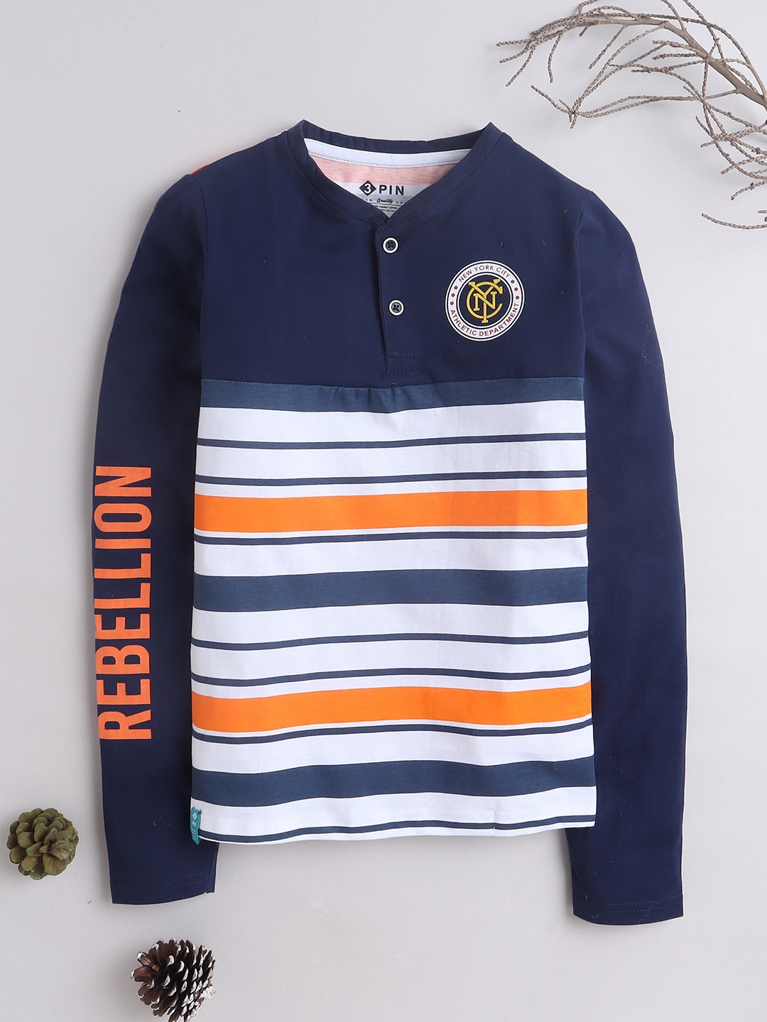 

3PIN Boys Striped Henley Neck Cotton T-shirt, Navy blue