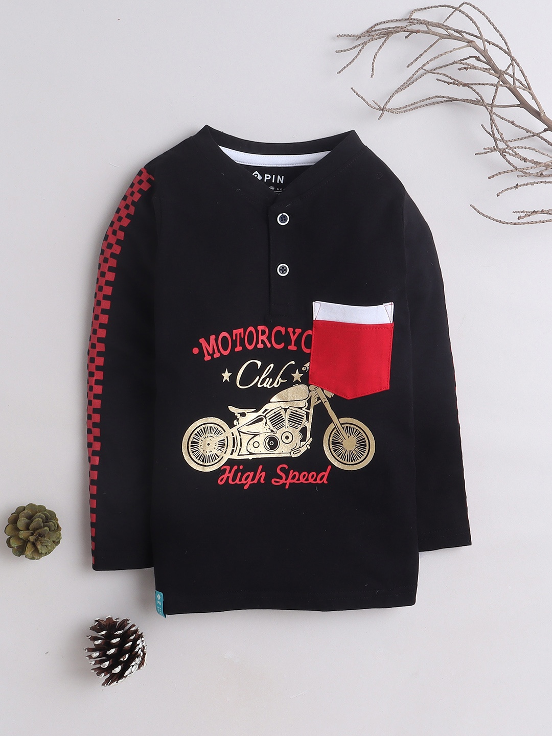 

3PIN Boys Typography Printed Henley Neck T-shirt, Black