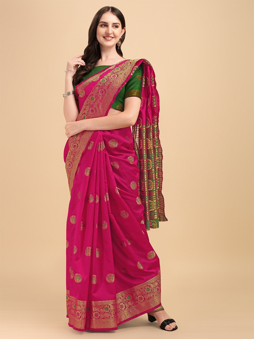 

Fashion Booms Floral Banarasi Saree, Pink