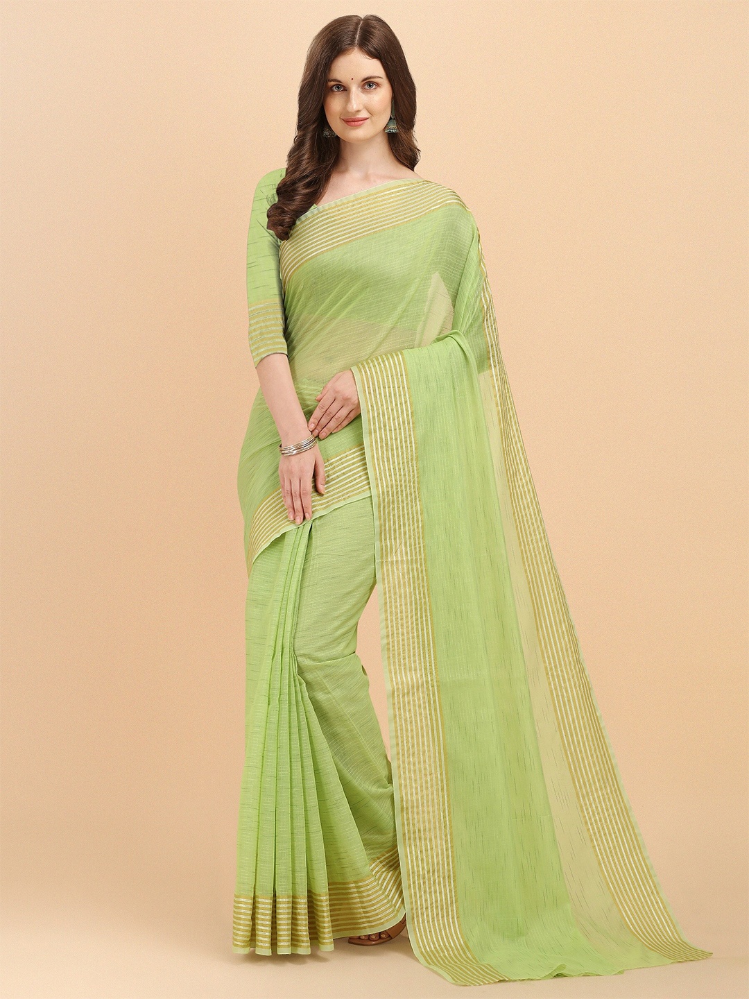 

Fashion Booms Striped Zari Silk Blend Banarasi Saree, Green