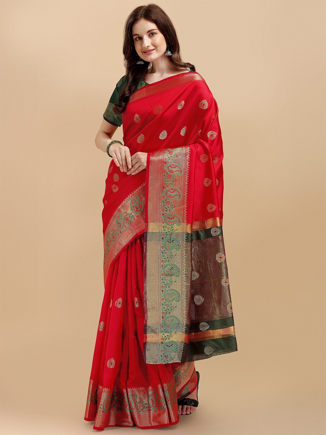 

Fashion Booms Ethnic Motifs Zari Silk Blend Banarasi Saree, Red