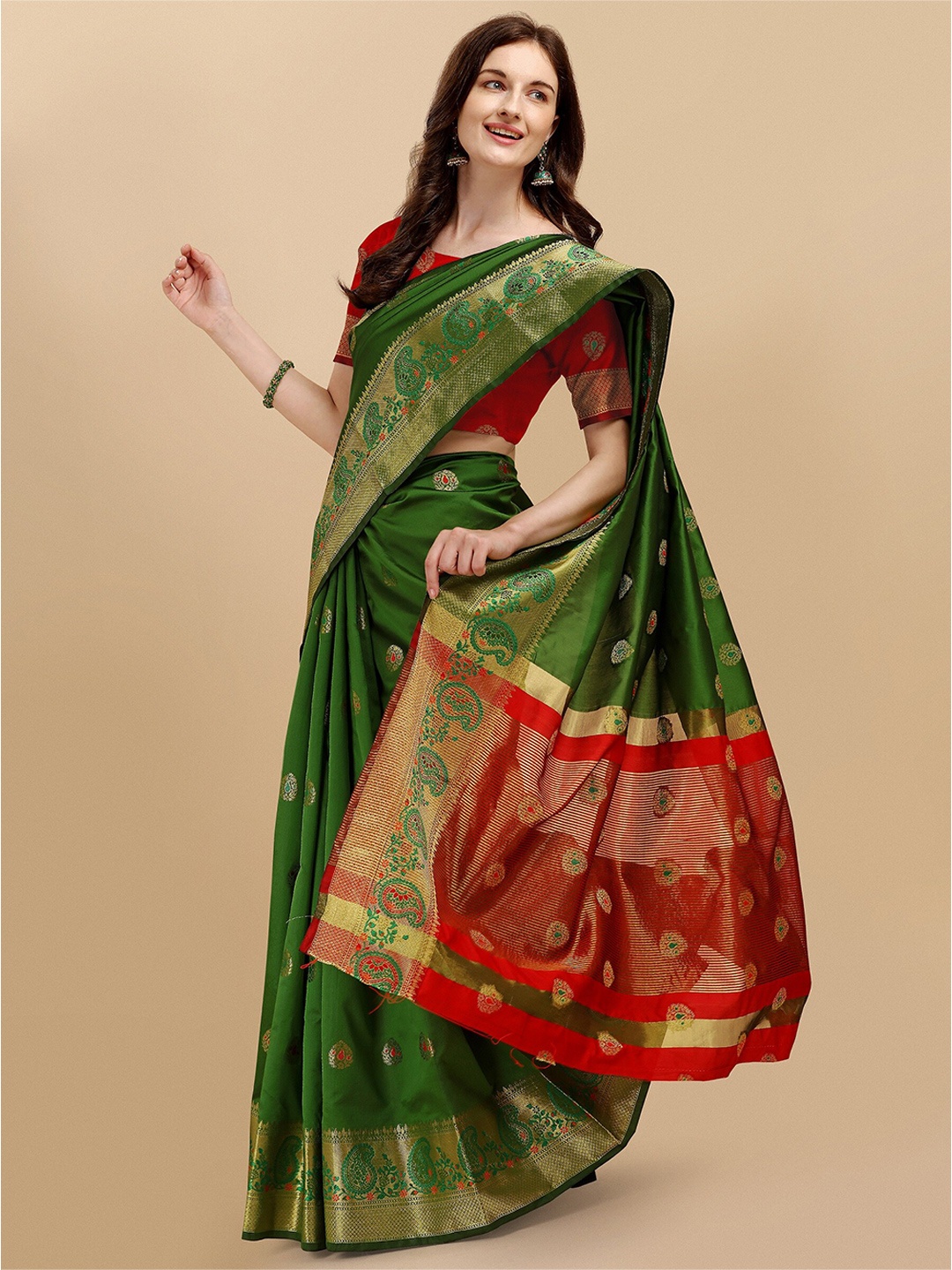 

Fashion Booms Ethnic Motifs Zari Silk Blend Banarasi Saree, Green