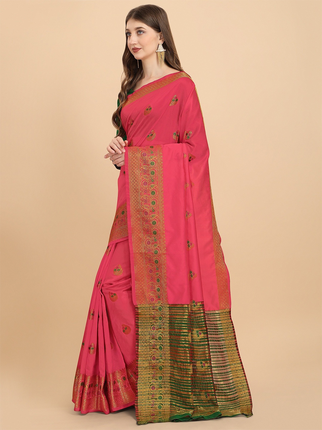 

Fashion Booms Ethnic Motifs Zari Silk Blend Banarasi Saree, Pink