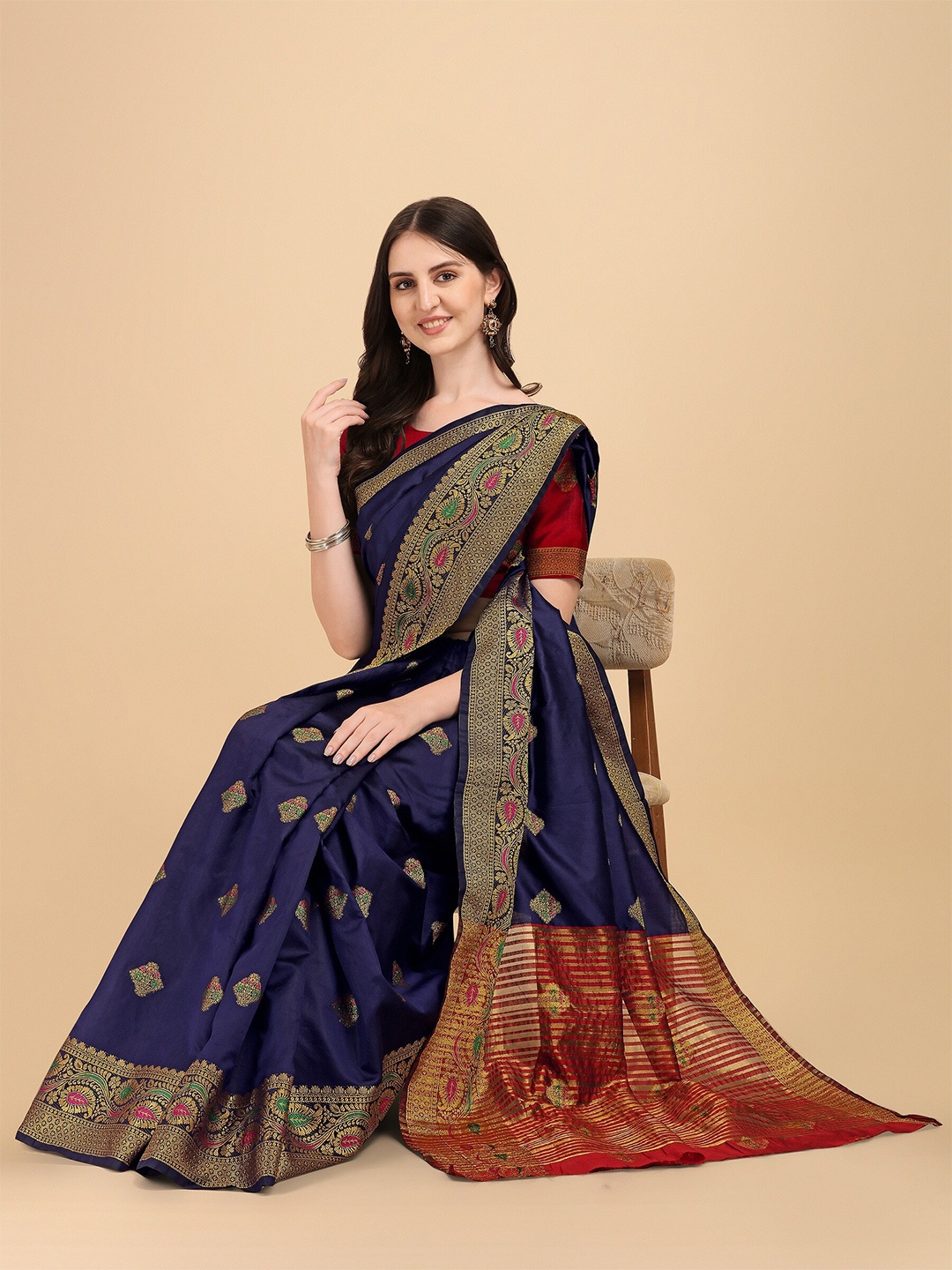 

Fashion Booms Ethnic Motifs Zari Silk Blend Banarasi Saree, Blue