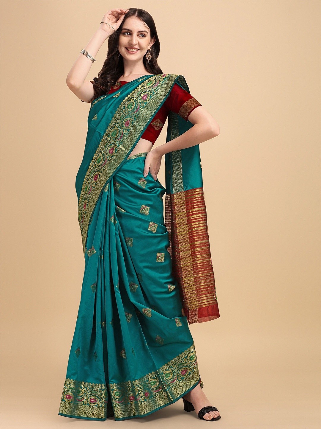 

Fashion Booms Ethnic Motifs Zari Silk Blend Banarasi Saree, Teal