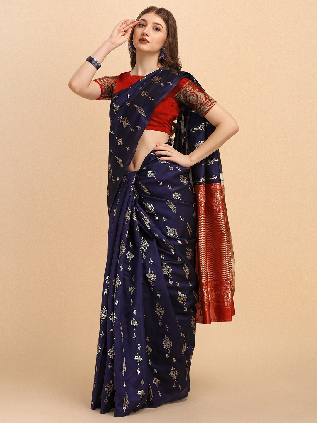 

Fashion Booms Ethnic Motifs Zari Silk Blend Banarasi Saree, Navy blue