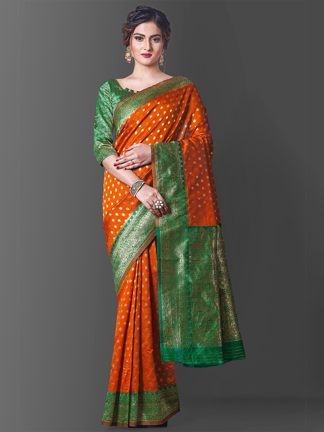 

Fashion Booms Ethnic Motifs Zari Silk Blend Banarasi Saree, Orange
