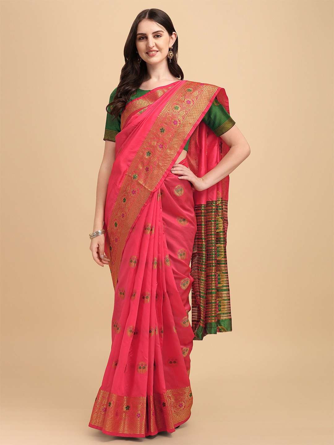 

Fashion Booms Ethnic Motifs Zari Silk Blend Banarasi Saree, Pink
