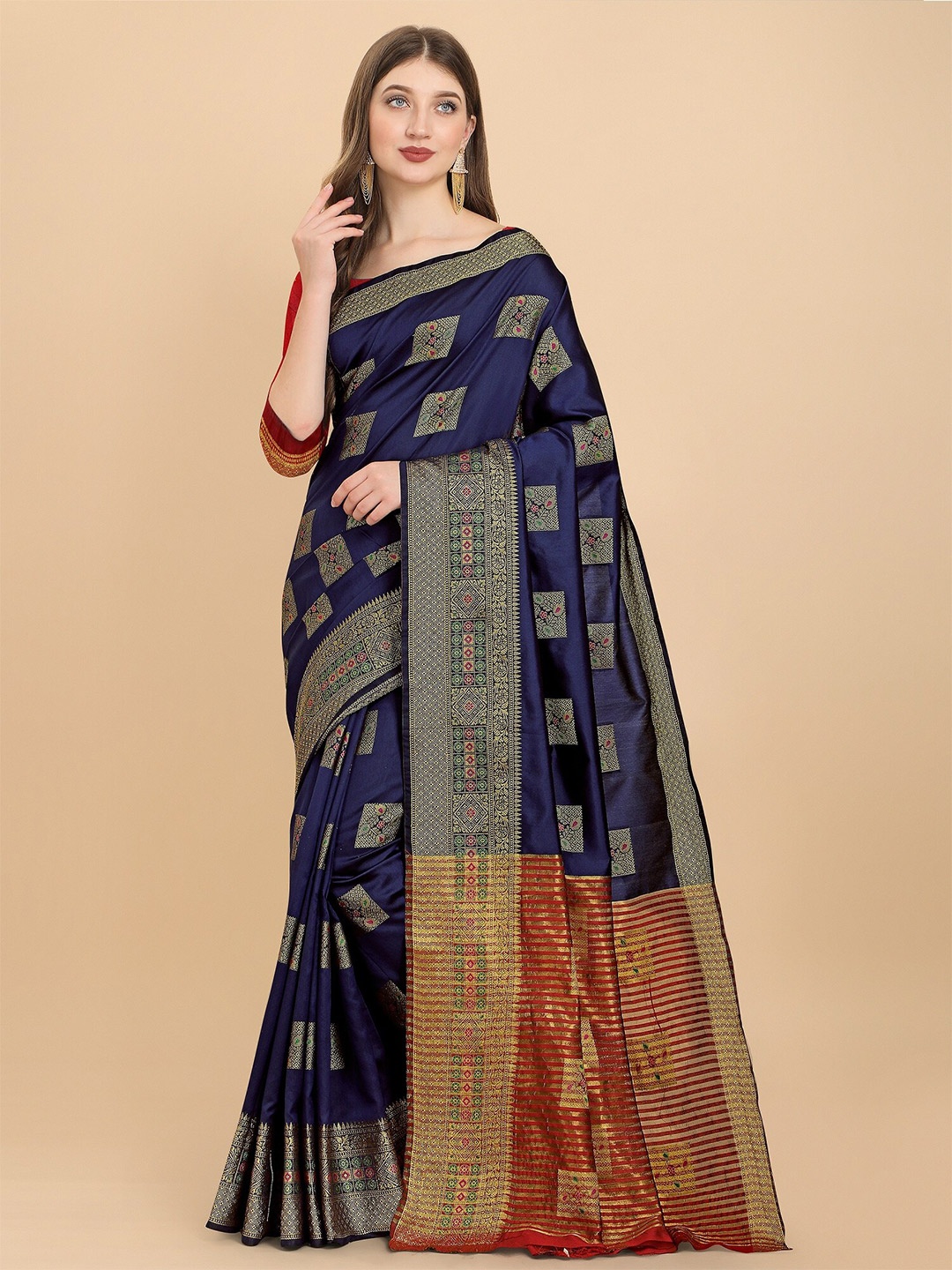 

Fashion Booms Ethnic Motifs Zari Silk Blend Banarasi Saree, Blue