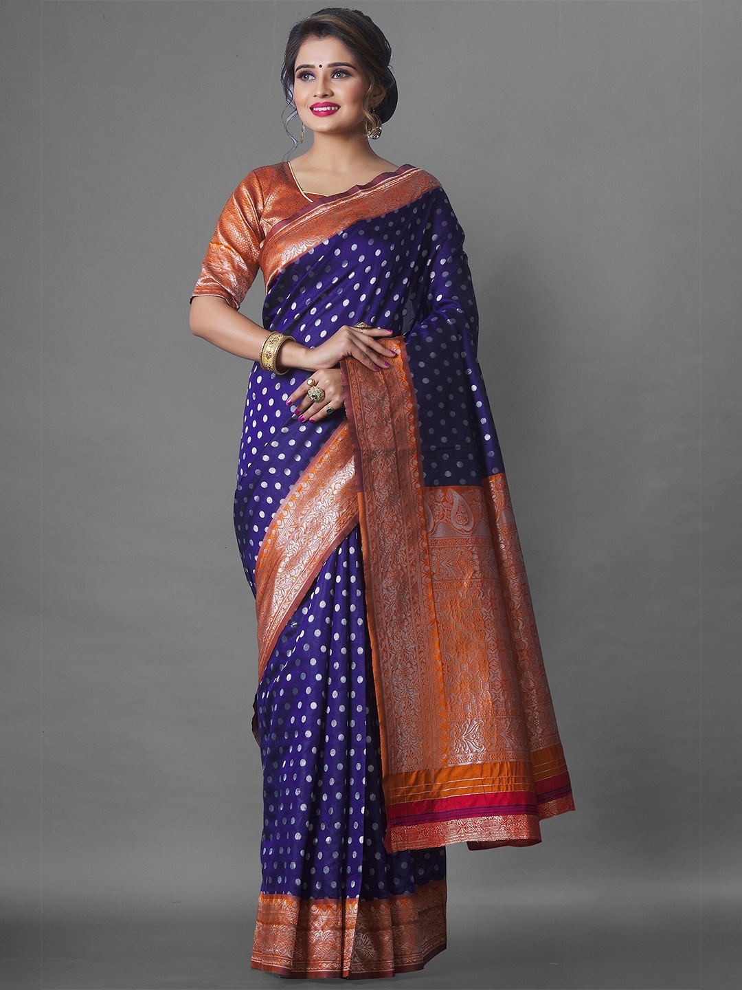 

Fashion Booms Woven Design Zari Silk Blend Saree, Navy blue