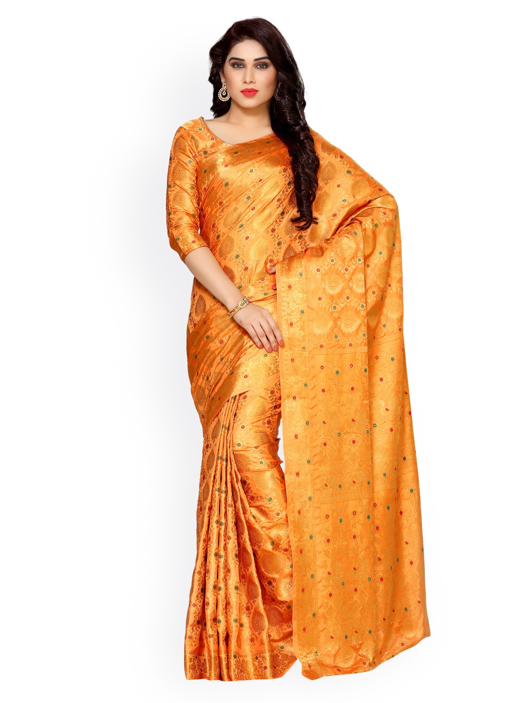 

MIMOSA Gold-Toned & Orange Art Silk Embellished Kanjeevaram Saree