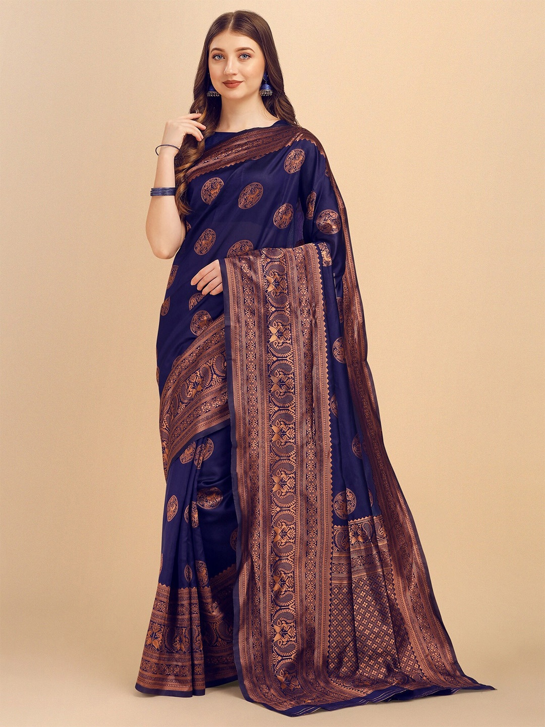 

Fashion Booms Woven Design Zari Silk Blend Saree, Navy blue