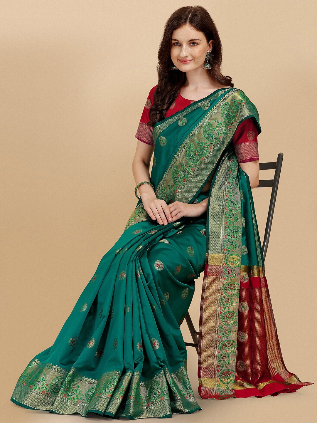 

Fashion Booms Ethnic Motifs Zari Silk Blend Banarasi Saree, Blue