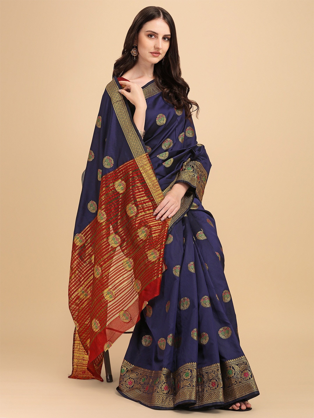 

Fashion Booms Woven Design Zari Silk Blend Banarasi Saree, Navy blue