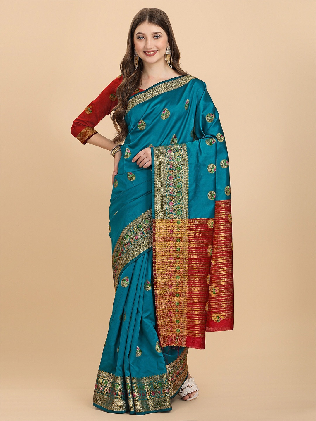 

Fashion Booms Woven Design Zari Silk Blend Banarasi Saree, Turquoise blue
