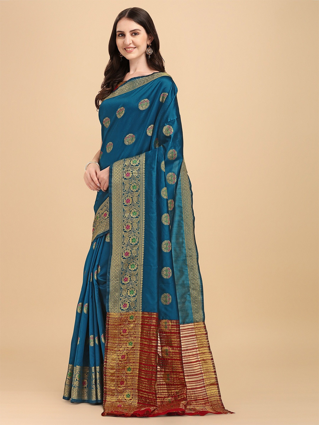

Fashion Booms Woven Design Zari Silk Blend Banarasi Saree, Turquoise blue