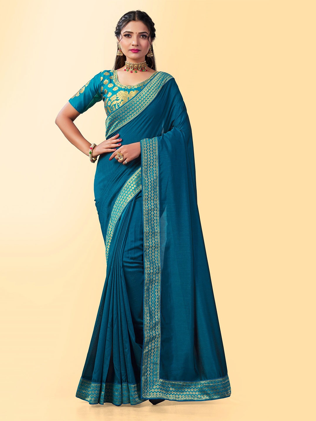 

Fashion Booms Zari Silk Blend Banarasi Saree, Blue