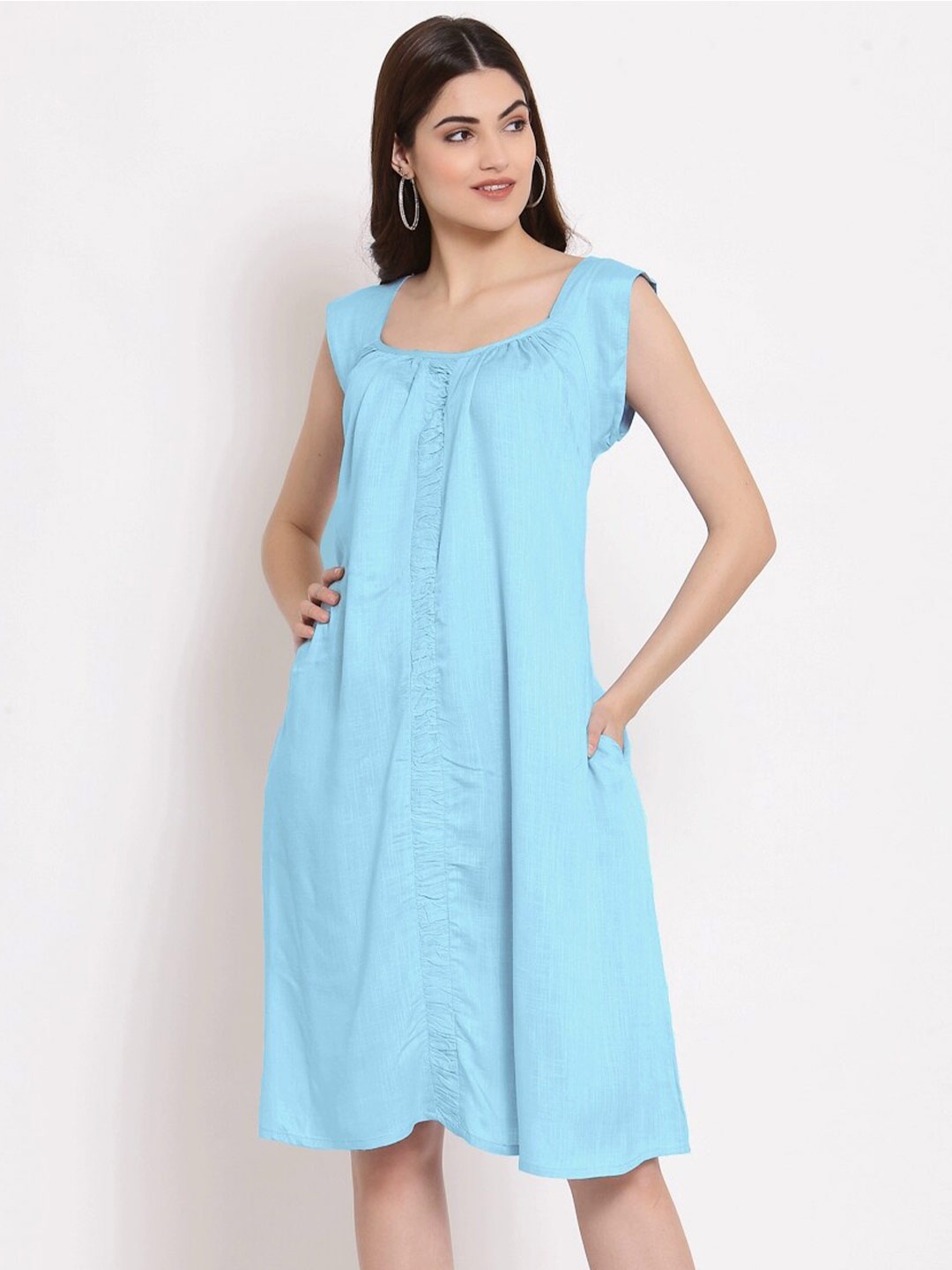 

PATRORNA Cotton Sleeveless A-Line Dress, Blue