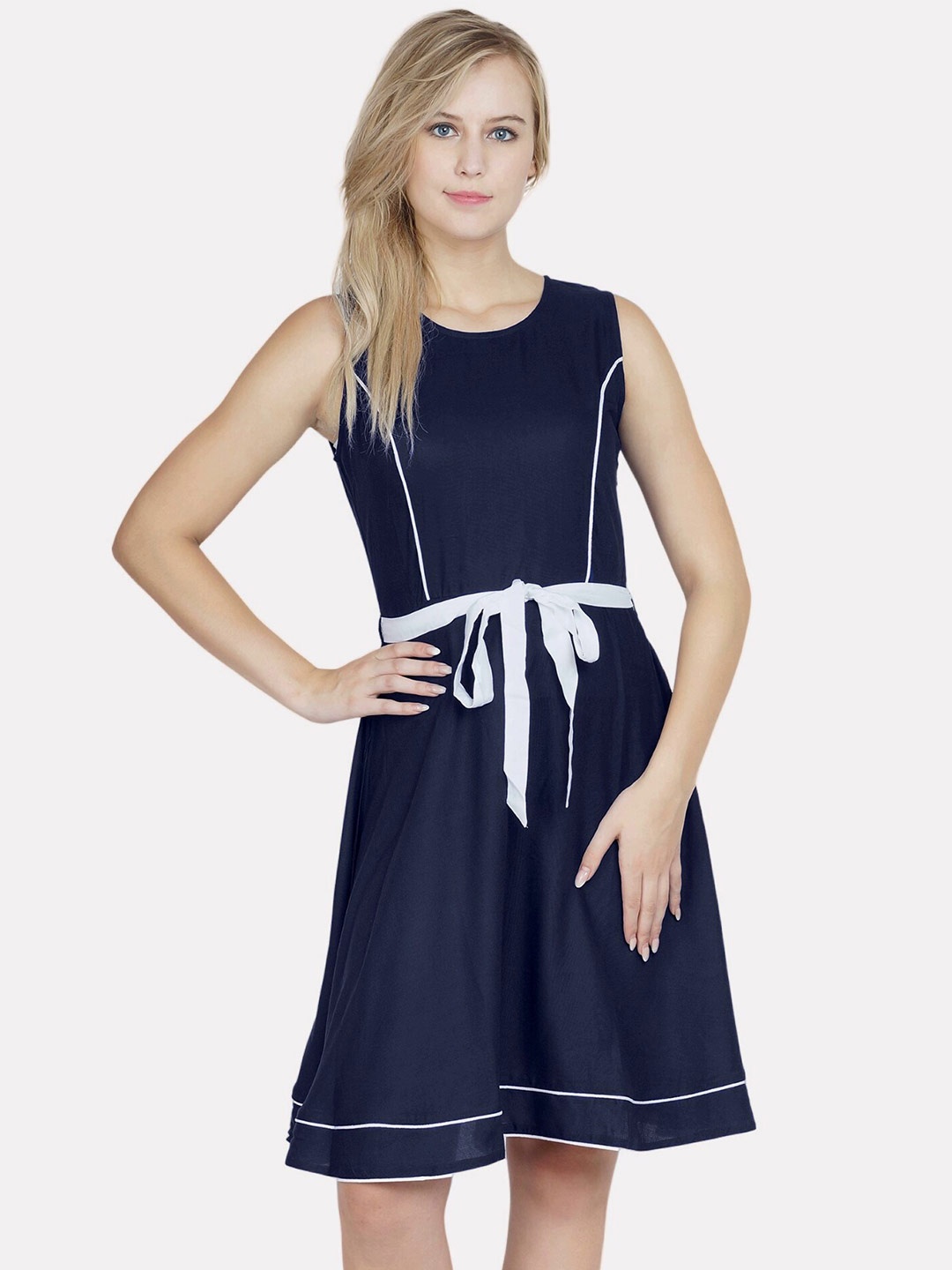 

PATRORNA Cotton Sleeveless Knee Length Dress, Blue