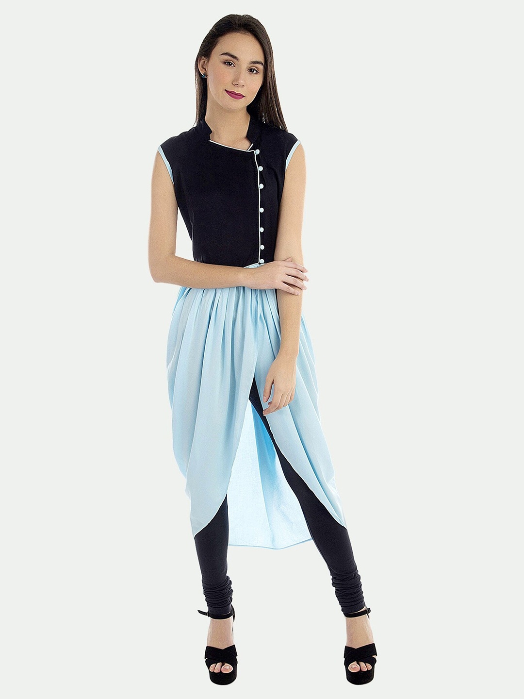 

PATRORNA Women Colourblocked Gathered Tulip Hem Cotton Kurta, Black