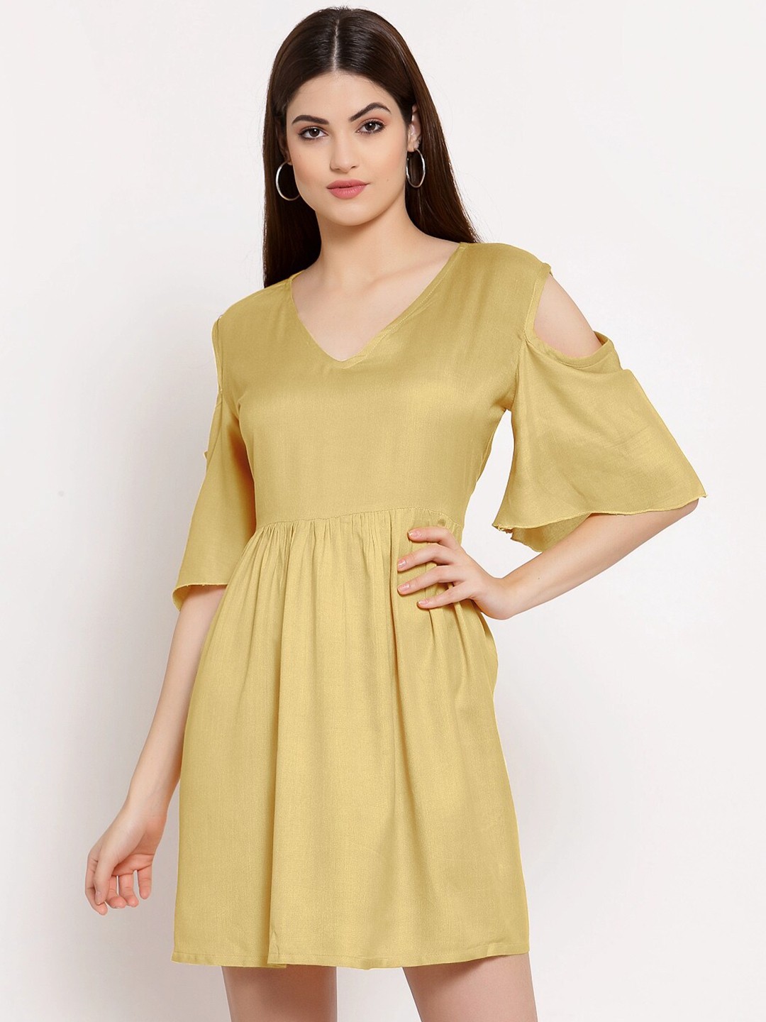 

PATRORNA Cold-Shoulder Sleeves Gathered Cotton A-Line Dress, Gold