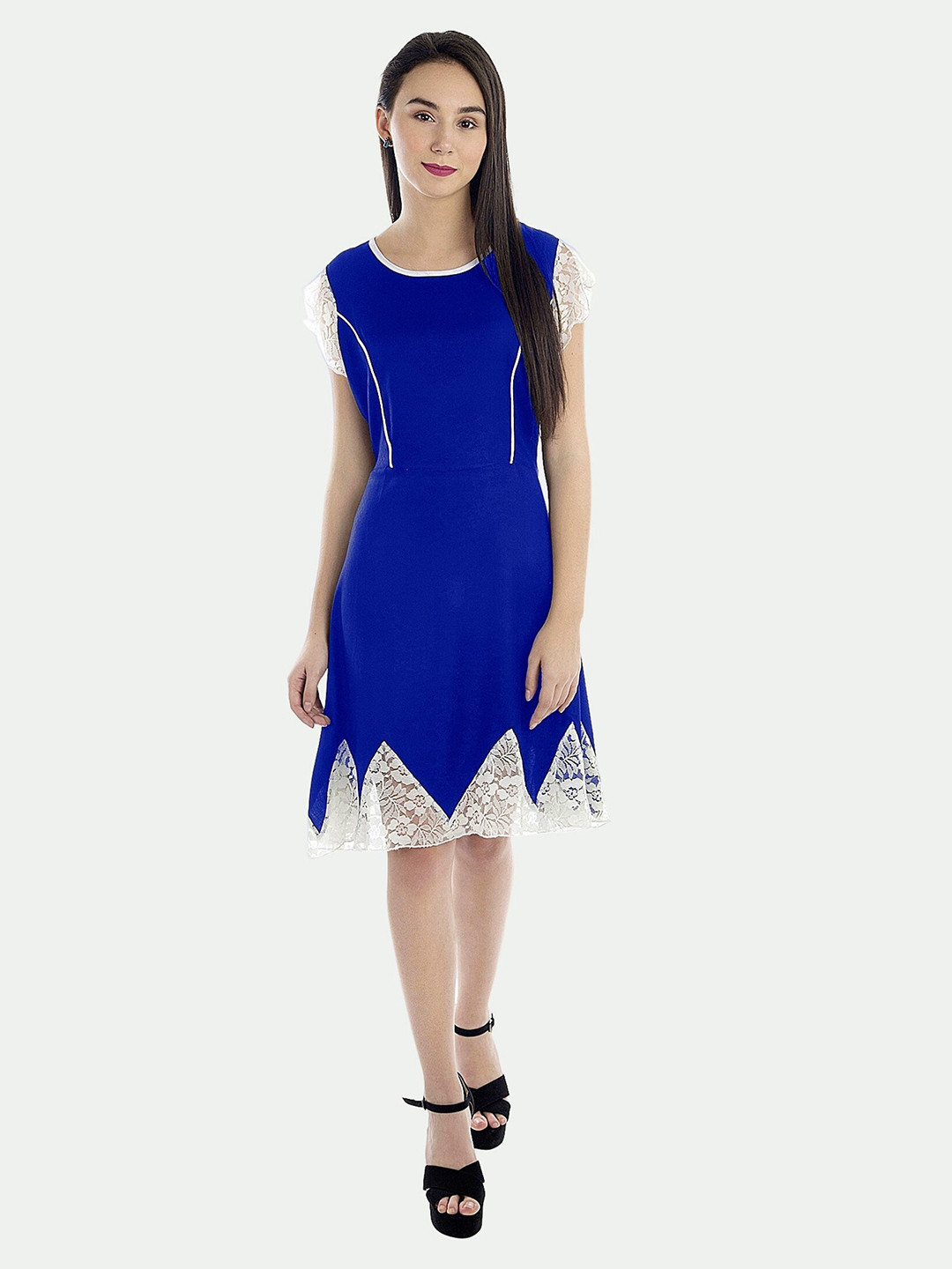 

PATRORNA Lace Inserts Cotton A-Line Dress, Blue