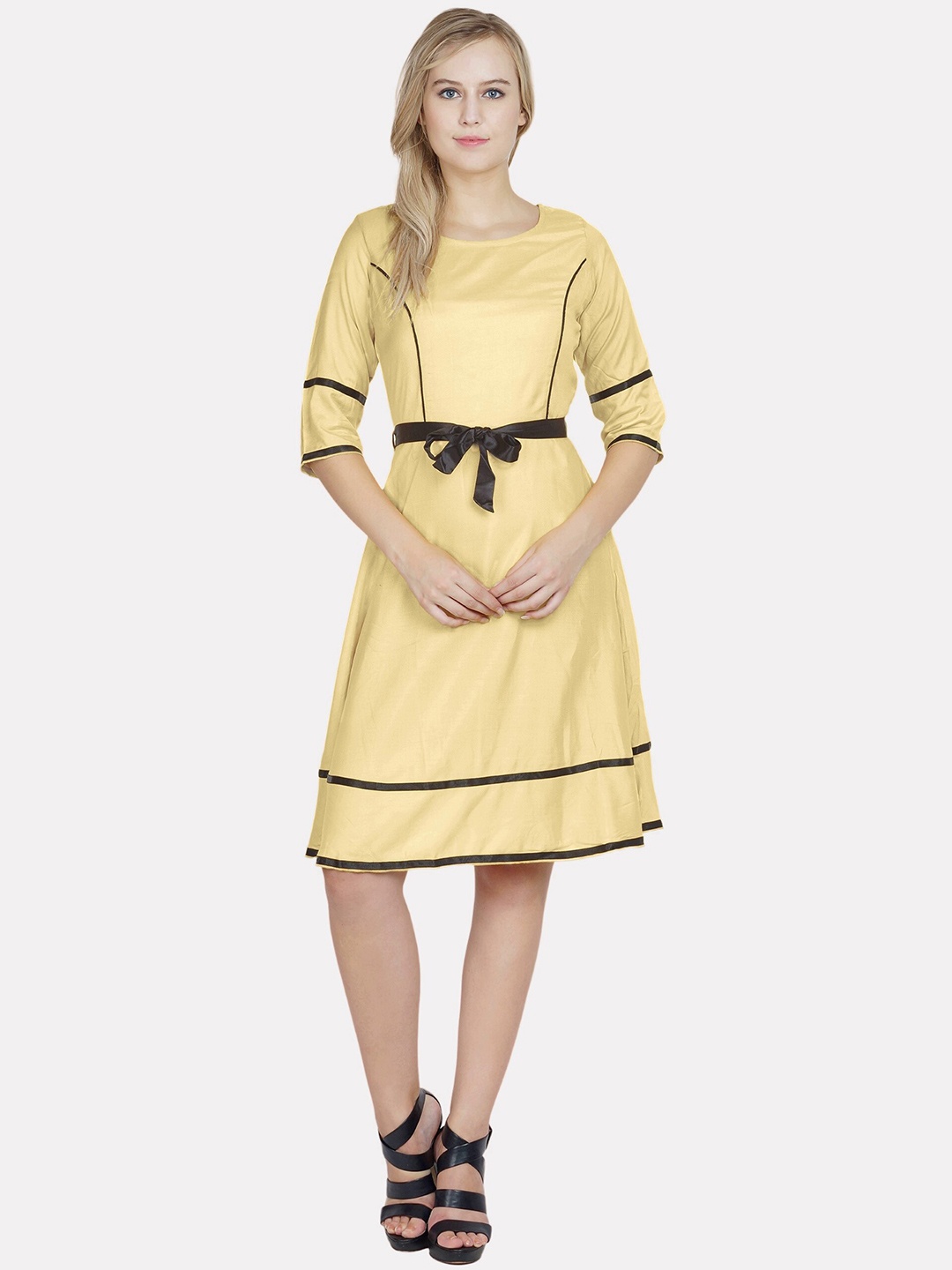 

PATRORNA Cotton Tie-Ups Knee Length Dress, Yellow