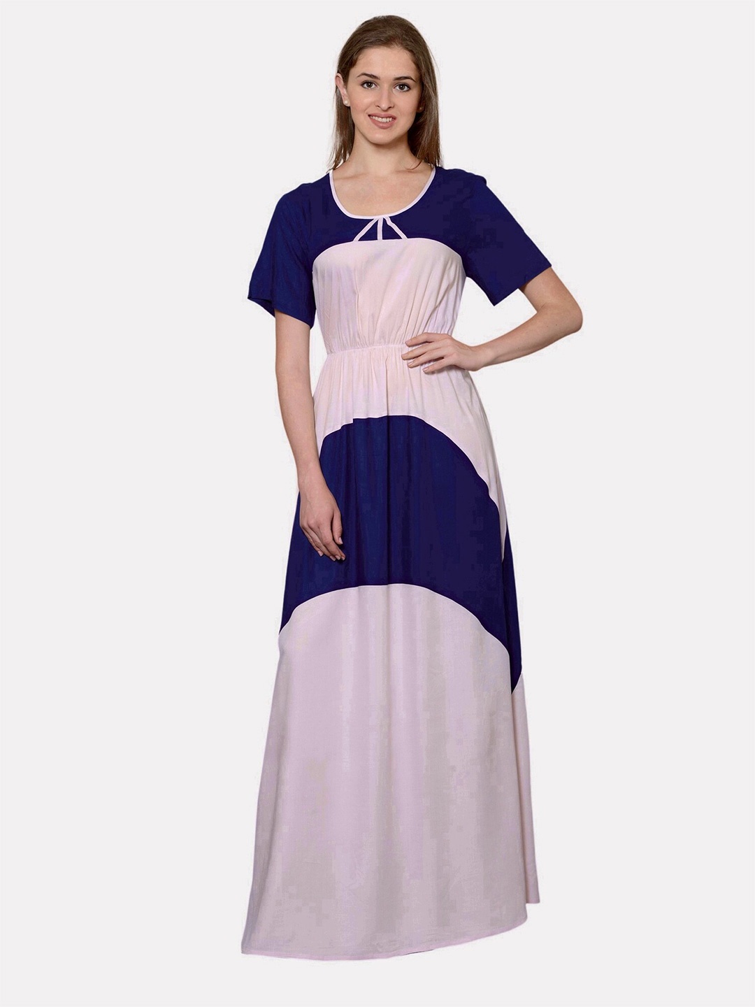 

PATRORNA Plus Size Colourblocked Maxi Cotton Dress, Blue