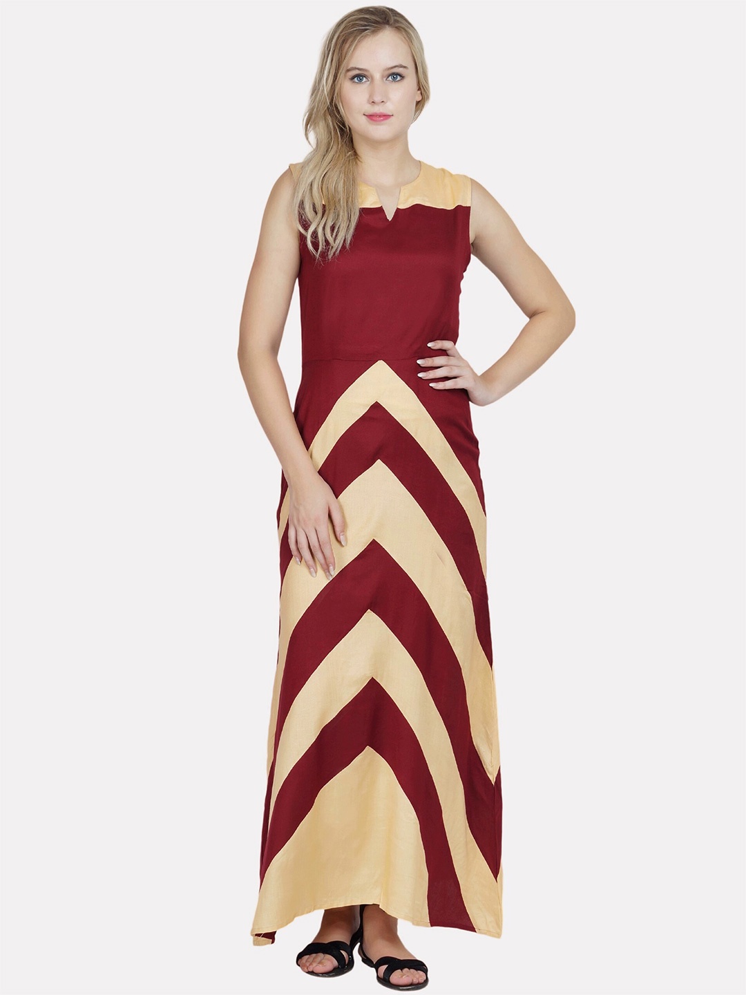 

PATRORNA Plus Size Colourblocked Maxi Cotton Dress, Maroon