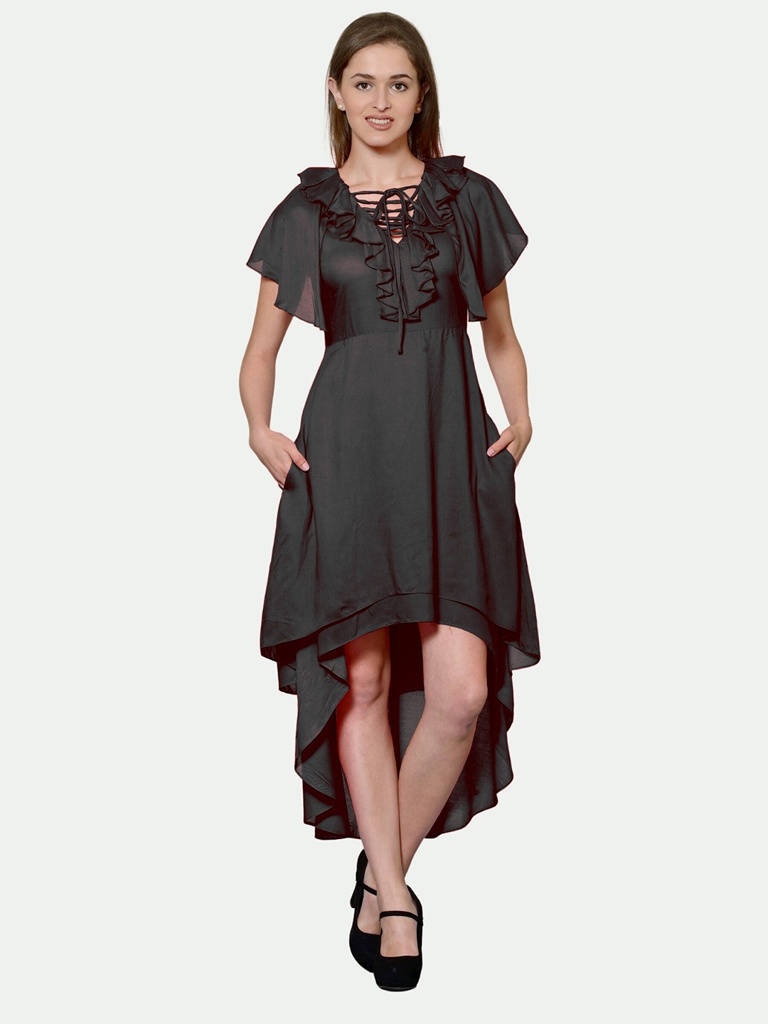 

PATRORNA Tie-Up Neck Ruffled Layered Fit And Flare Dress, Black