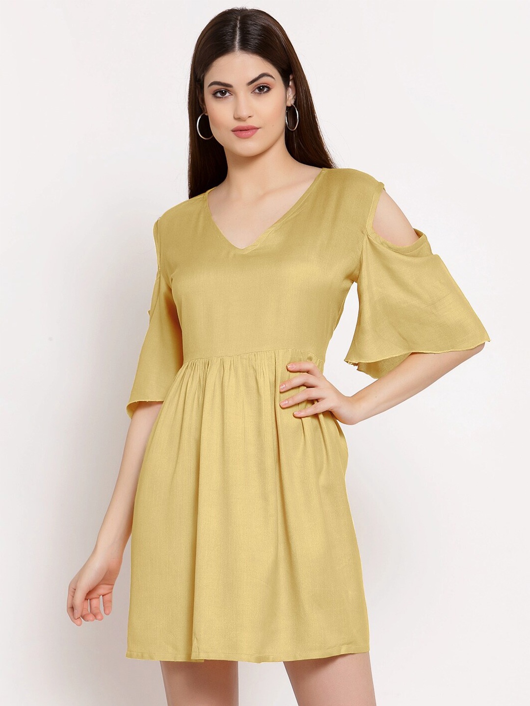 

PATRORNA Cold-Shoulder Sleeve Fit And Flare Dress, Gold