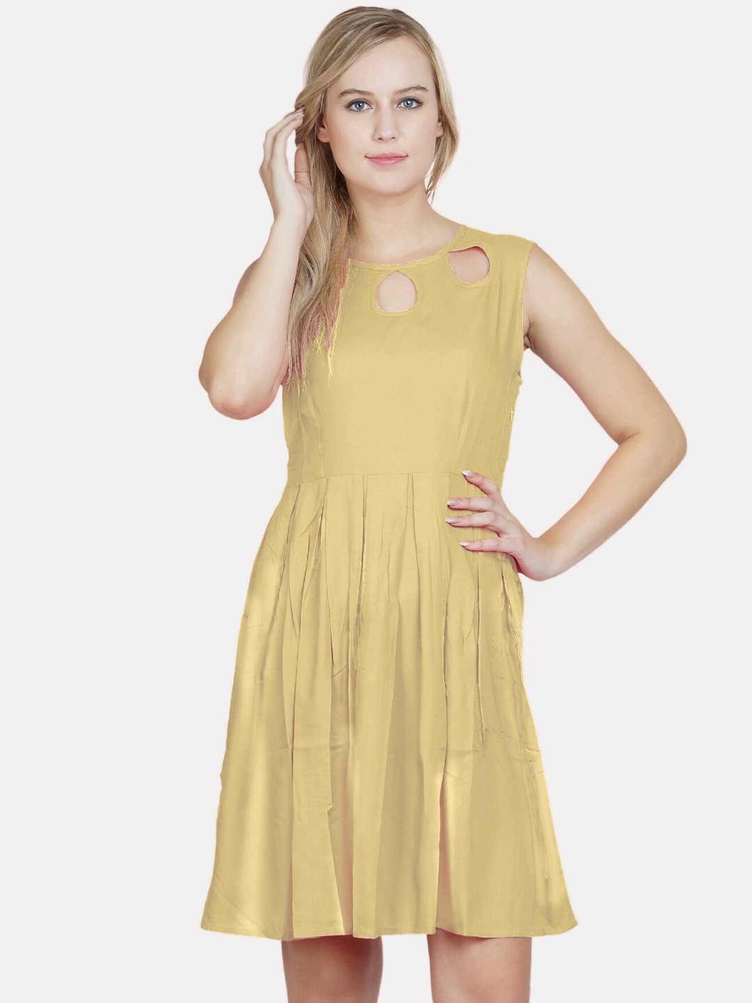 

PATRORNA Cut-Out Neck Cotton A-Line Dress, Gold