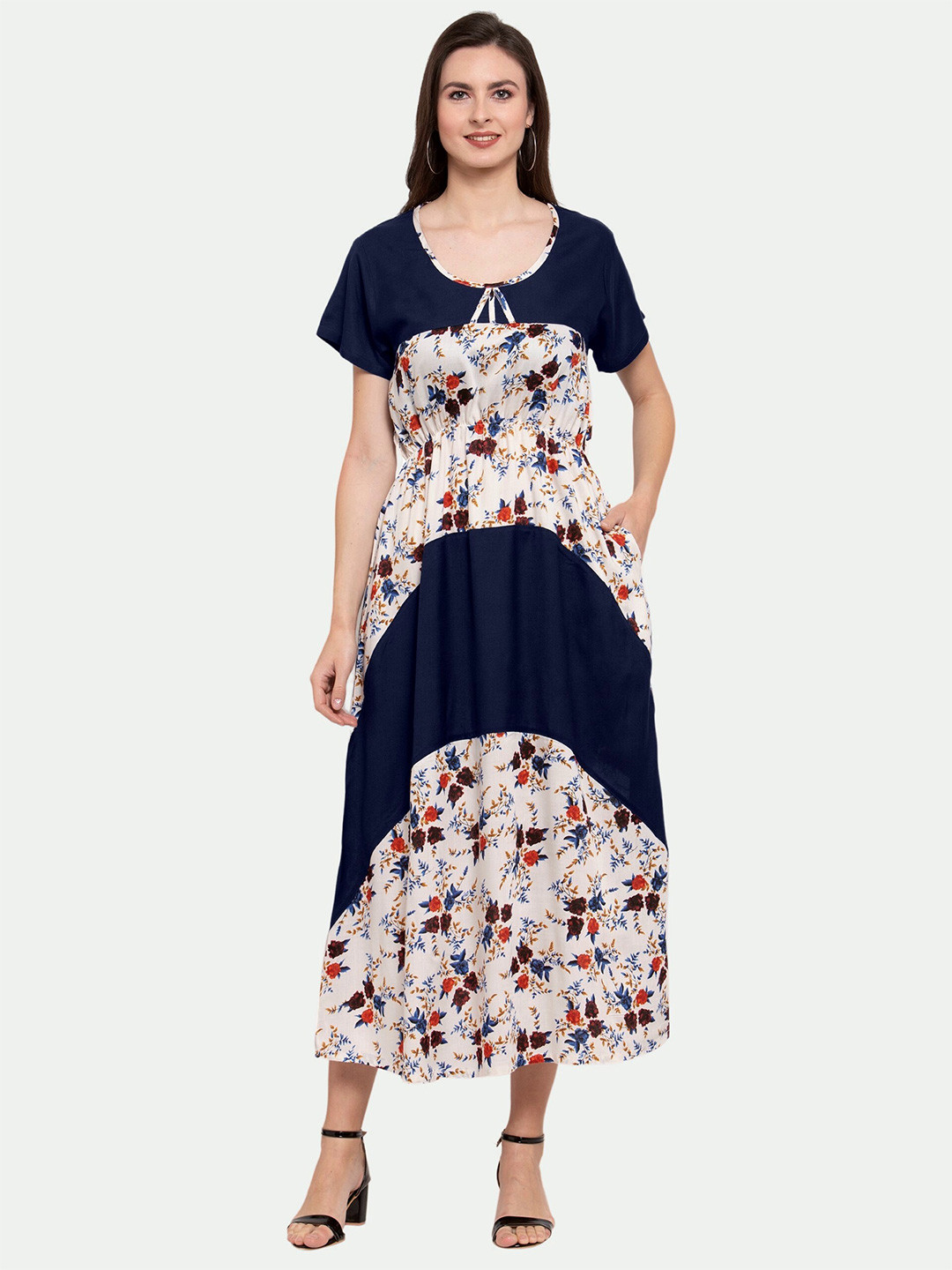 

PATRORNA Floral Printed Cotton A-Line Midi Dress, Navy blue