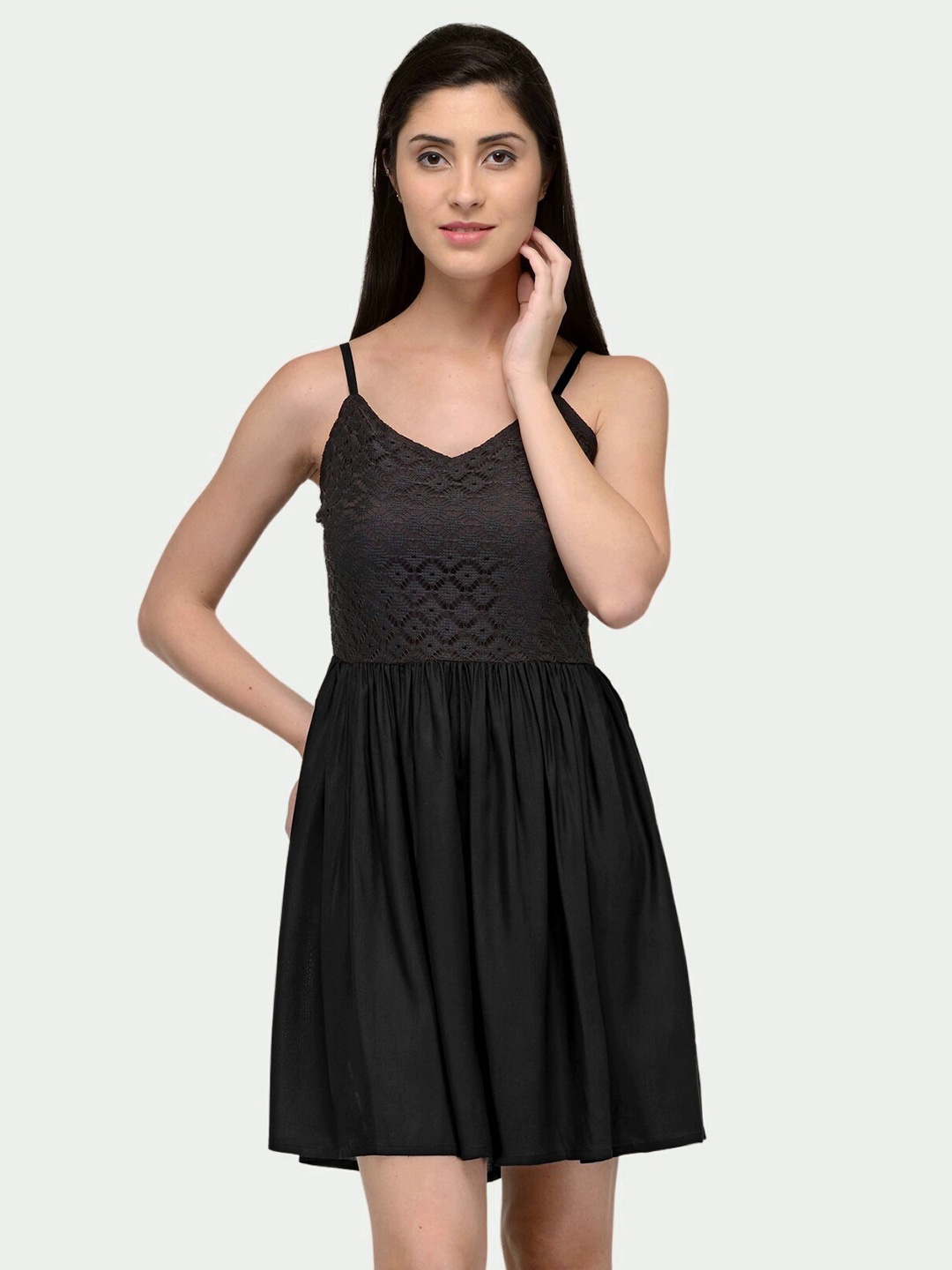 

PATRORNA Shoulder Strap Fit & Flare Cotton Dress, Black