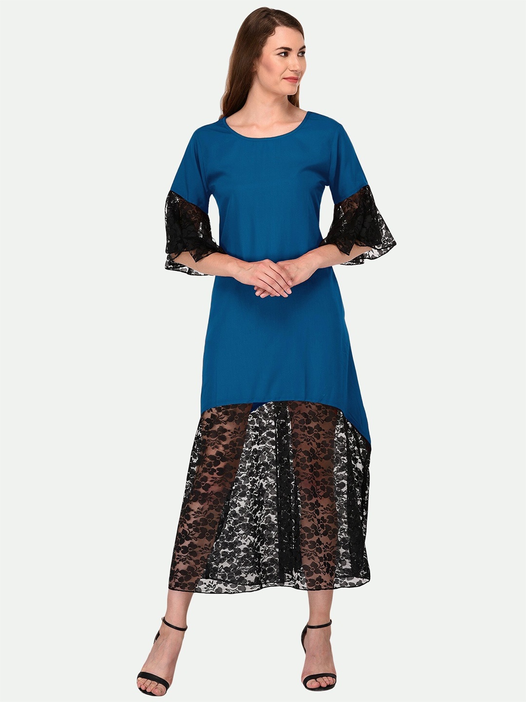 

PATRORNA Round Neck A-Line Midi Cotton Dress, Blue