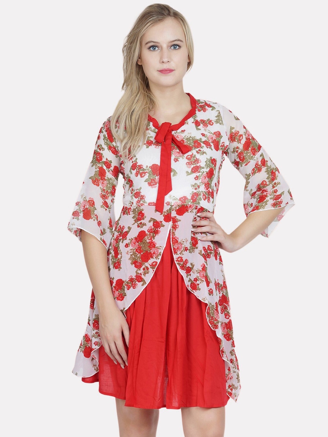 

PATRORNA Red & White Floral Tie-Up Neck A-Line Dress