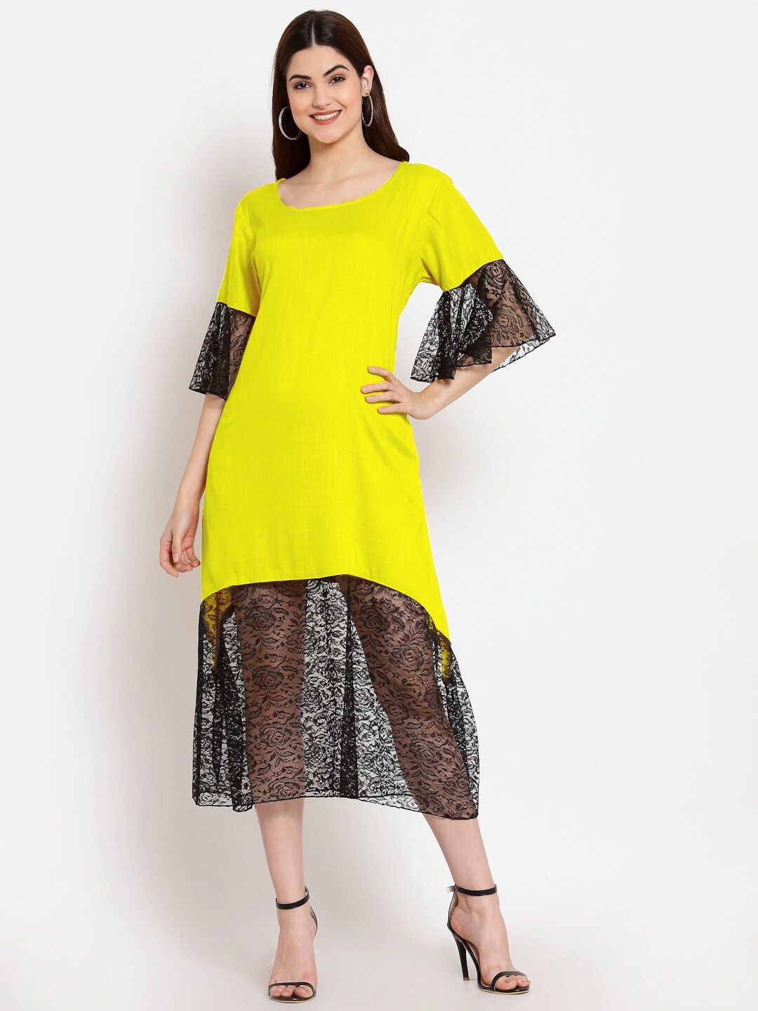 

PATRORNA Yellow & Black A-Line Midi Cotton Dress