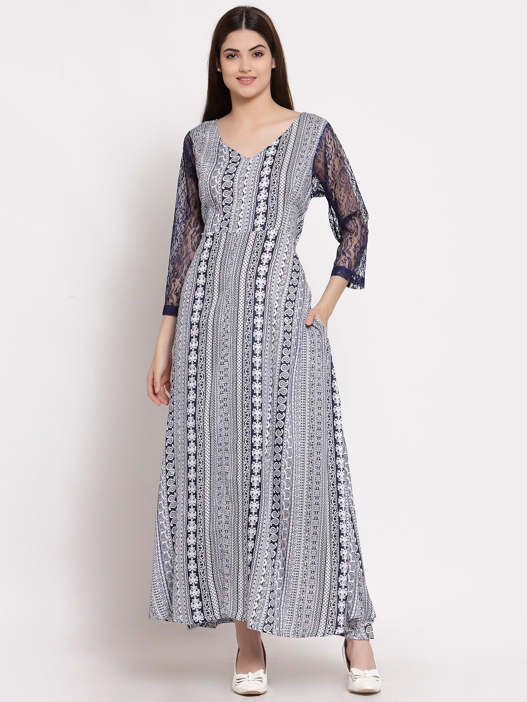 

PATRORNA Blue & White Ethnic Motifs Maxi Cotton Dress